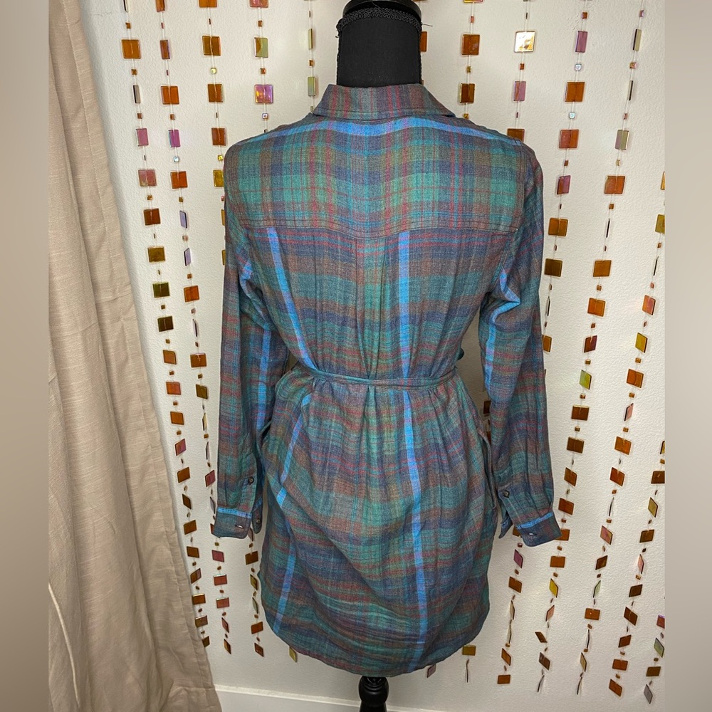 Plaid Button-Front Shirt Dress with Tie Waist - Teal Multi - Picture 8 of 11